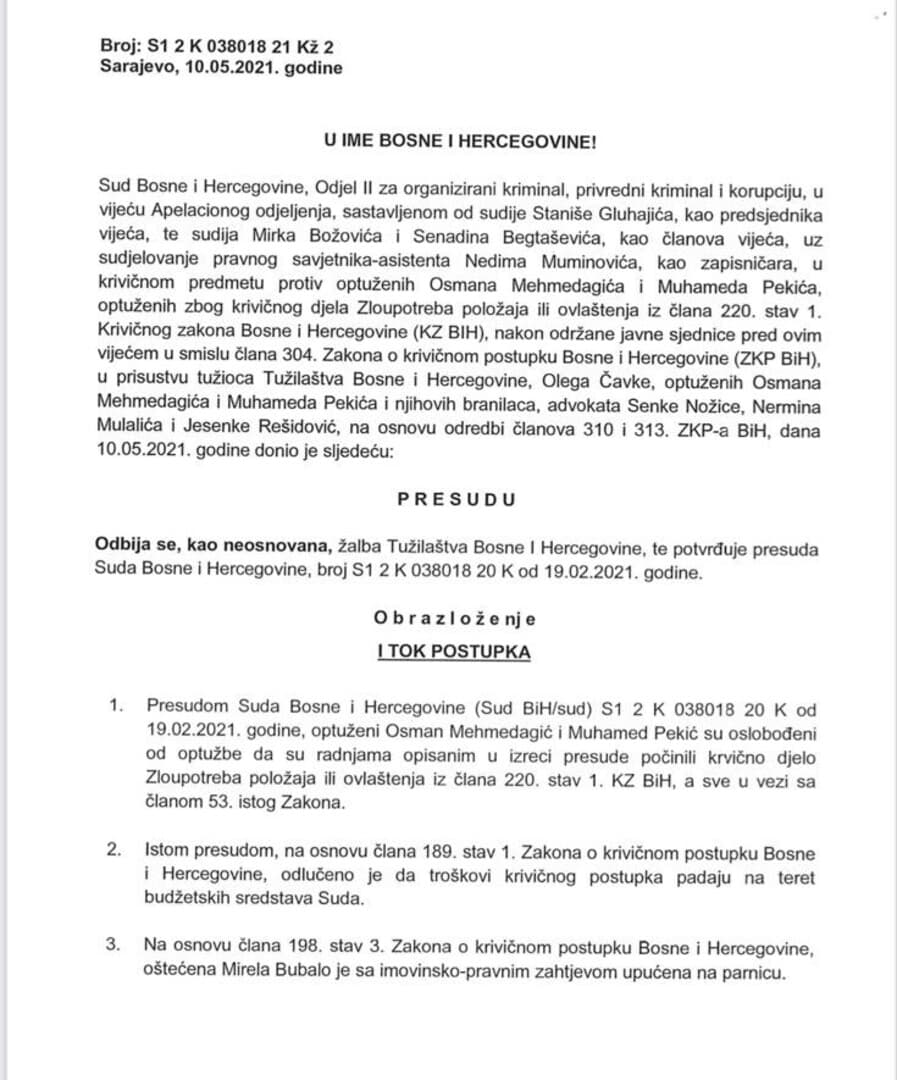 Sud BiH odbacio žalbu Čavke. Mehmedagić i Pekić oslobođeni - slika 1