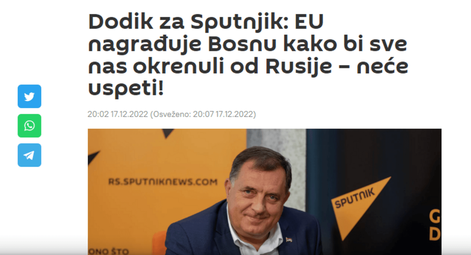 Dodik za Sputnjik: "EU nagrađuje Bosnu kako bi sve nas okrenuli od Rusije – neće uspjeti!" - slika 1