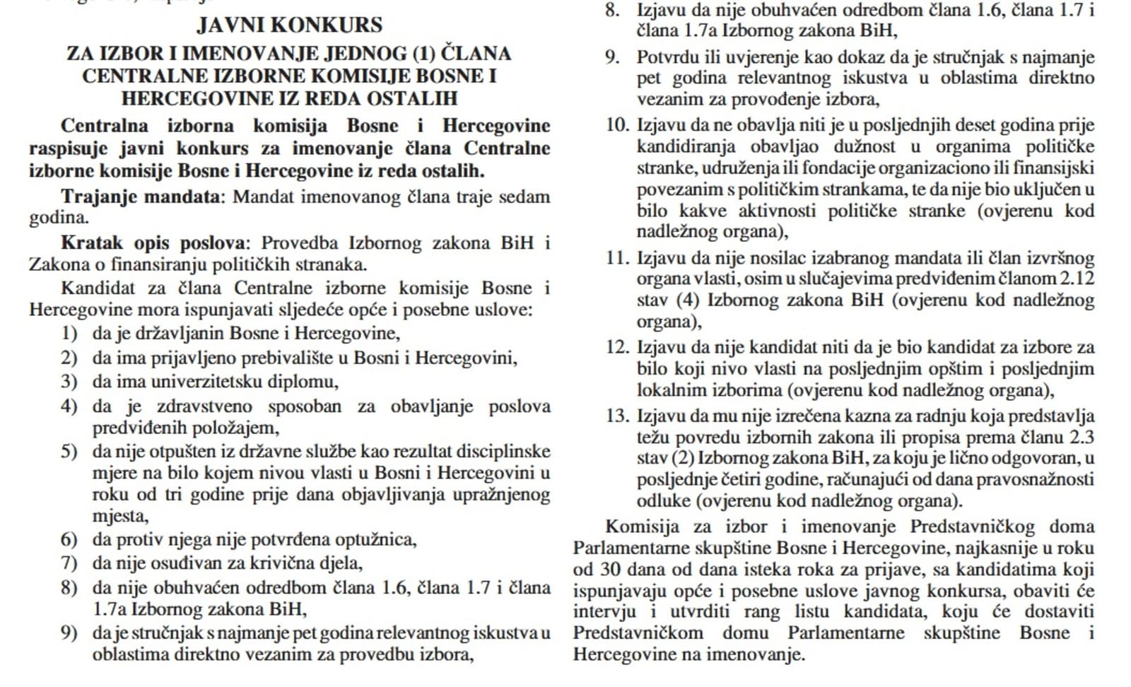 Konkurs za izbor člana CIK-a iz reda ostalih - slika 1