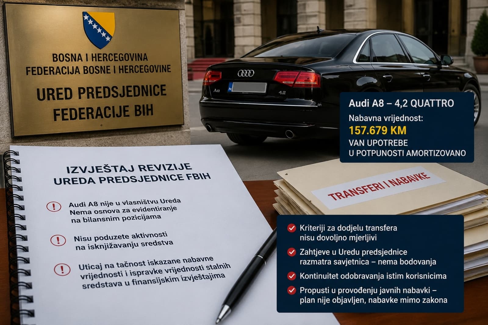 Revizori otkrili nepravilnosti u Uredu predsjednice FBiH: Audi od 157.679 KM nije u vlasništvu institucije, o transferima odlučuje savjetnica - slika 1