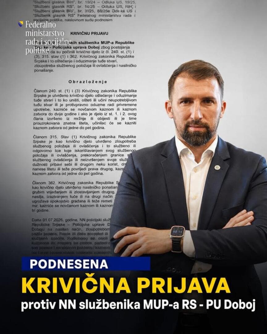 Ministar Delić podnio krivičnu prijavu protiv policajaca Doboja - slika 1