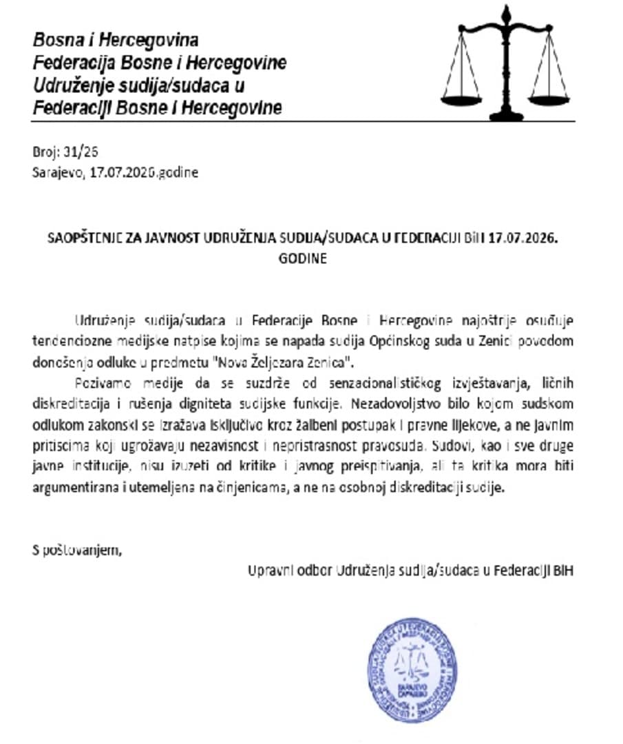 Udruženje sudija FBiH osudilo medijske napise o odluci u predmetu „Nova Željezara Zenica“ - slika 1