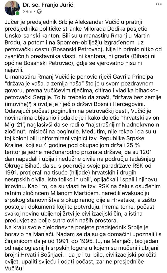 Historičar Franjo Jurić reagovao na Vučićevu posjetu USK: Mir se ne može graditi na selektivnom tumačenju historije - slika 1