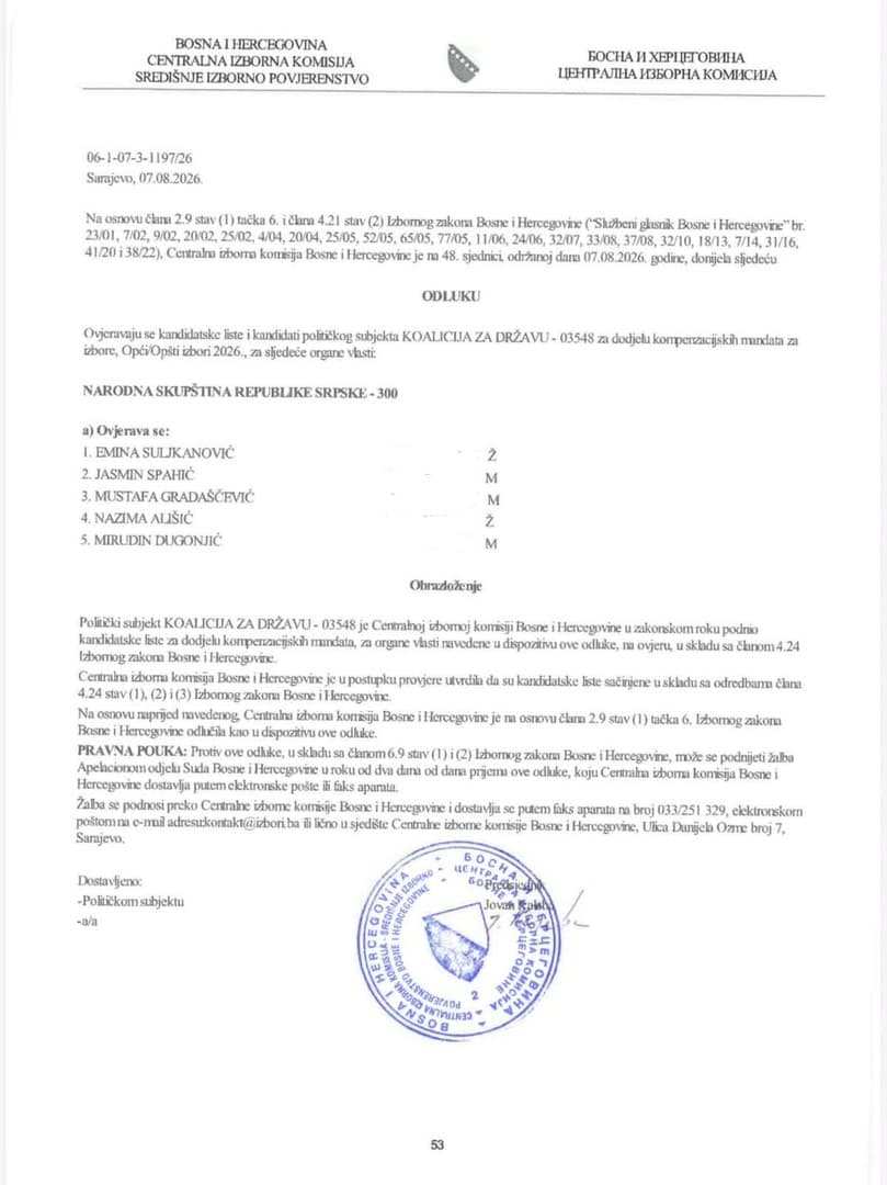 CIK potvrdio - Gradaščević nosi i kompenzacijski mandat - slika 1