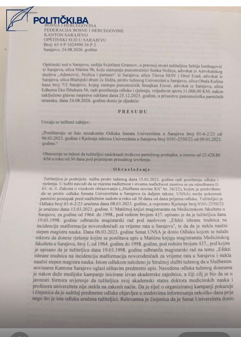 PRESUDIO OPŠTINSKI SUD U SARAJEVU: Poništene odluke UNSA, Sebiji Izetbegović vraćeno zvanje magistra nauka - slika 2