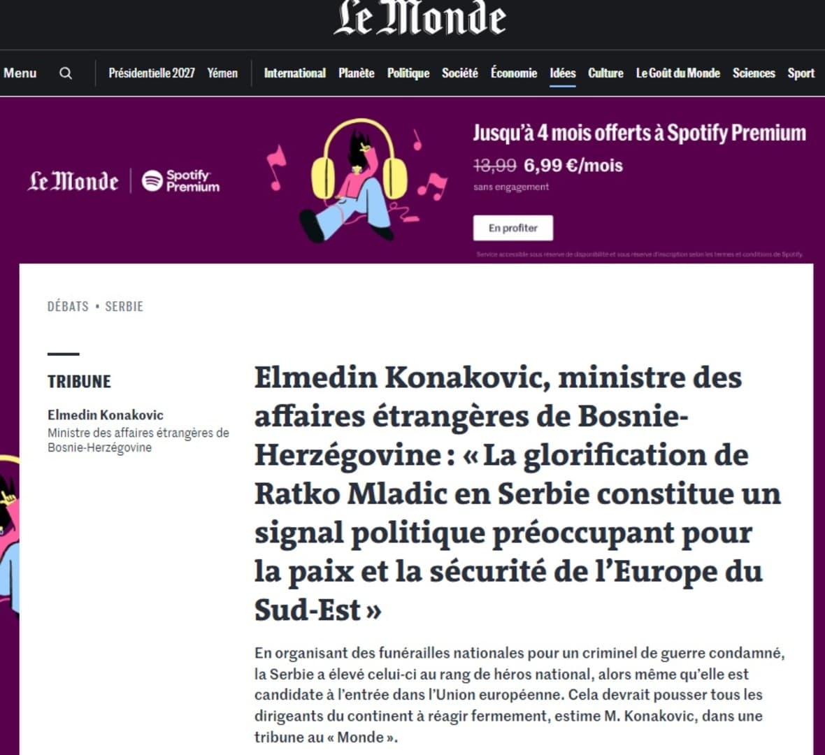 Konaković u Le Mondeu upozorio Evropu: Veličanje Mladića u Srbiji prijetnja je miru i sigurnosti regiona - slika 1