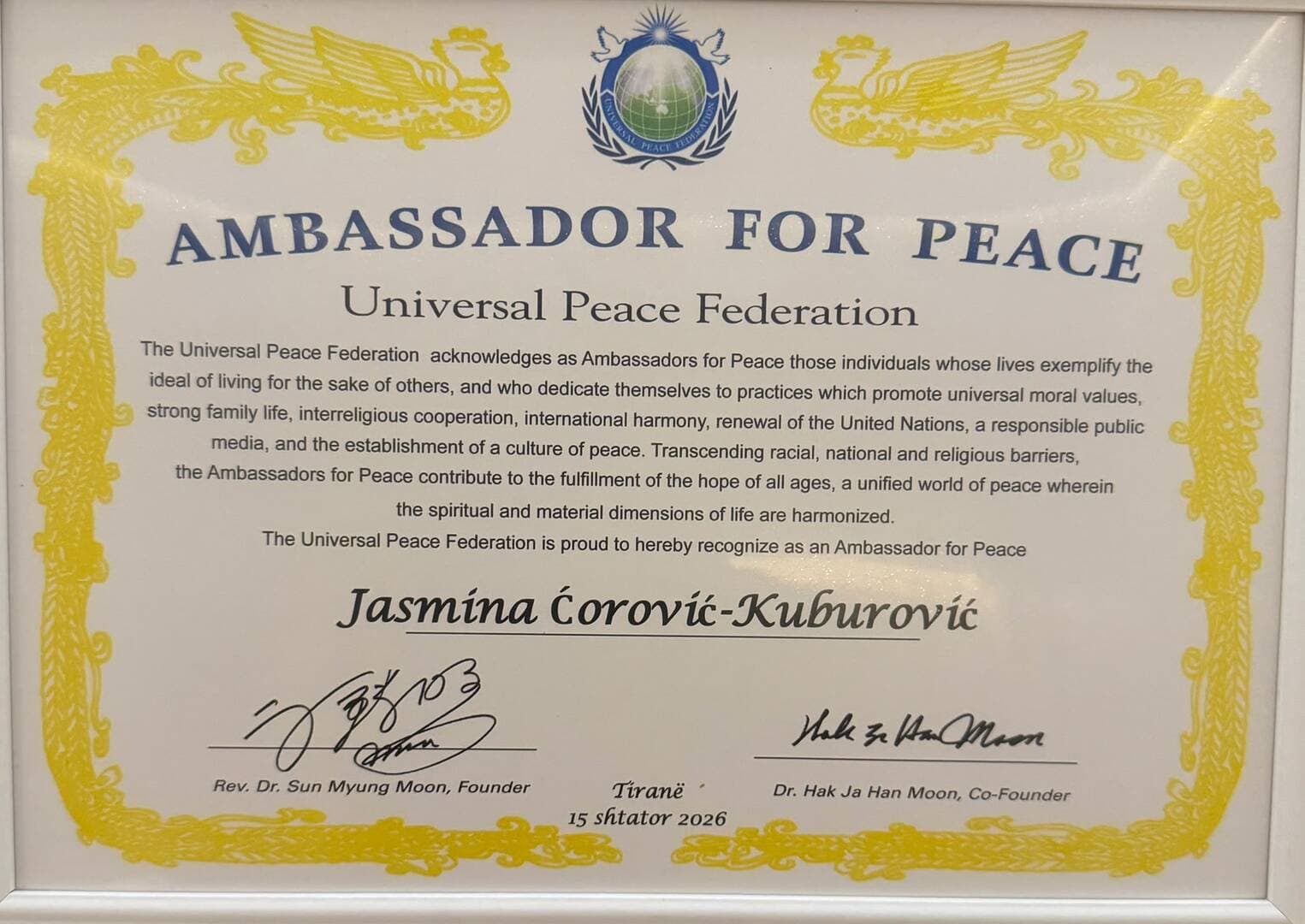 Dr Jasmini Ćorović-Kuburović u Tirani dodijeljena titula Ambasadora mira - slika 1