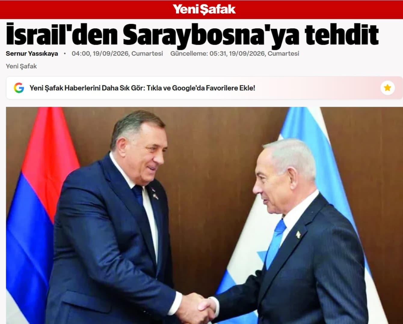 Turski Yeni Şafak sastanak Dodika i Netanyahua nazvao „prijetnjom Sarajevu“ - slika 1