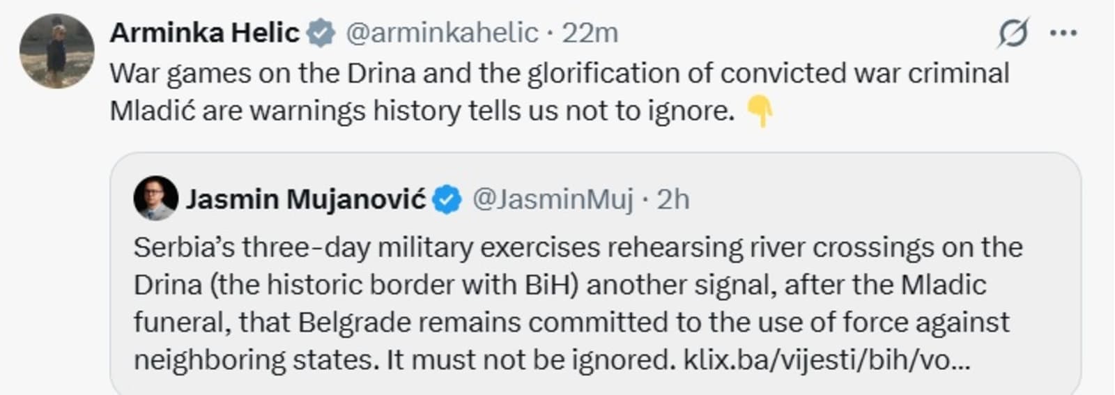 Arminka Helić: Vojne vježbe na Drini i veličanje Mladića upozorenja su koja ne smijemo ignorisati - slika 1