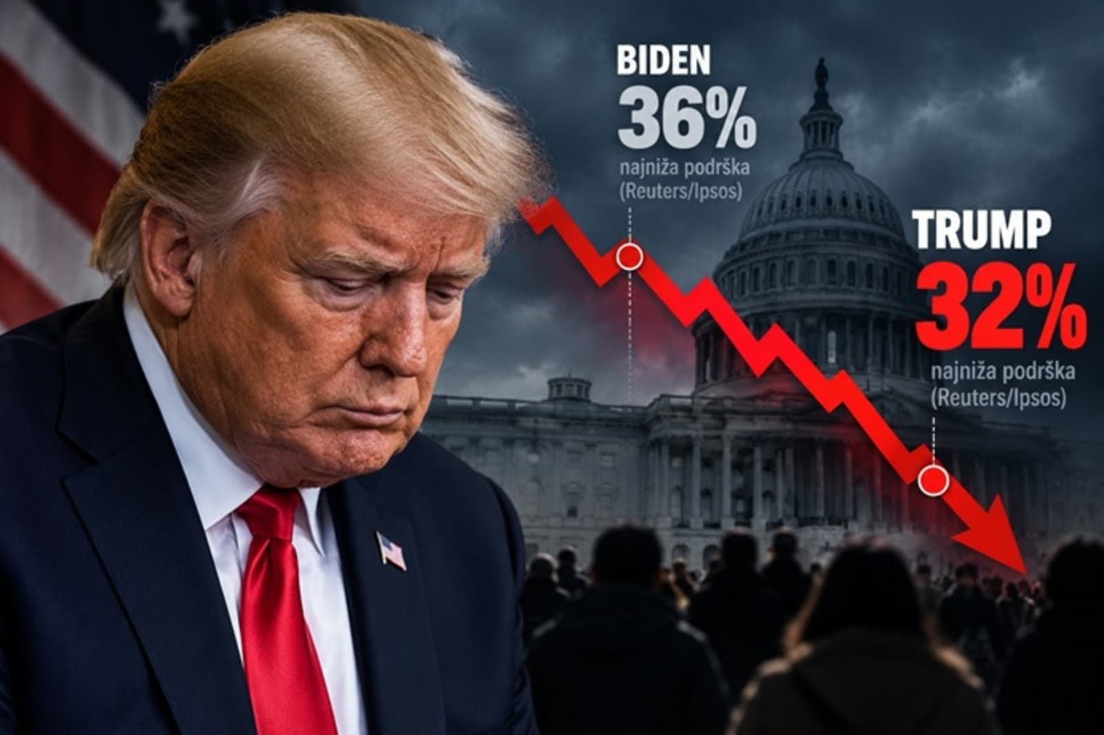 Trumpova podrška pala na 32 posto, niže od najgoreg Bidenovog rezultata - slika 1