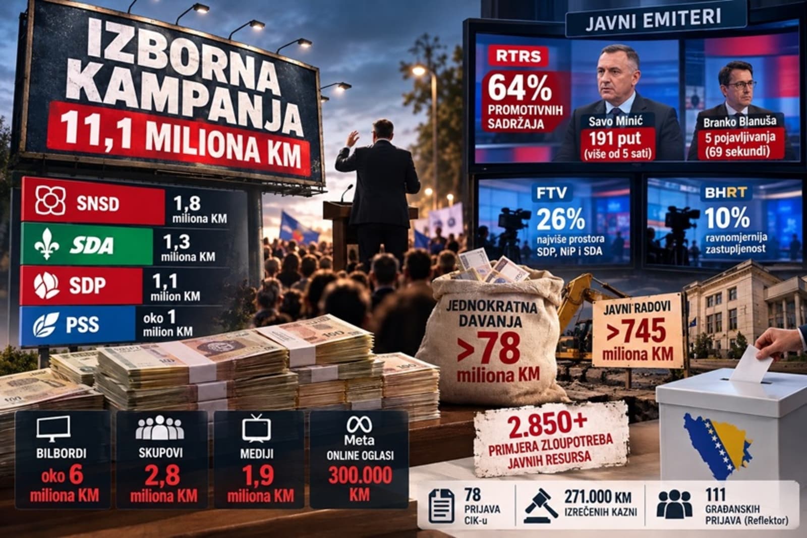 TI BiH: Stranke već potrošile najmanje 11,1 milion KM, SNSD prednjači sa 1,8 miliona - slika 1