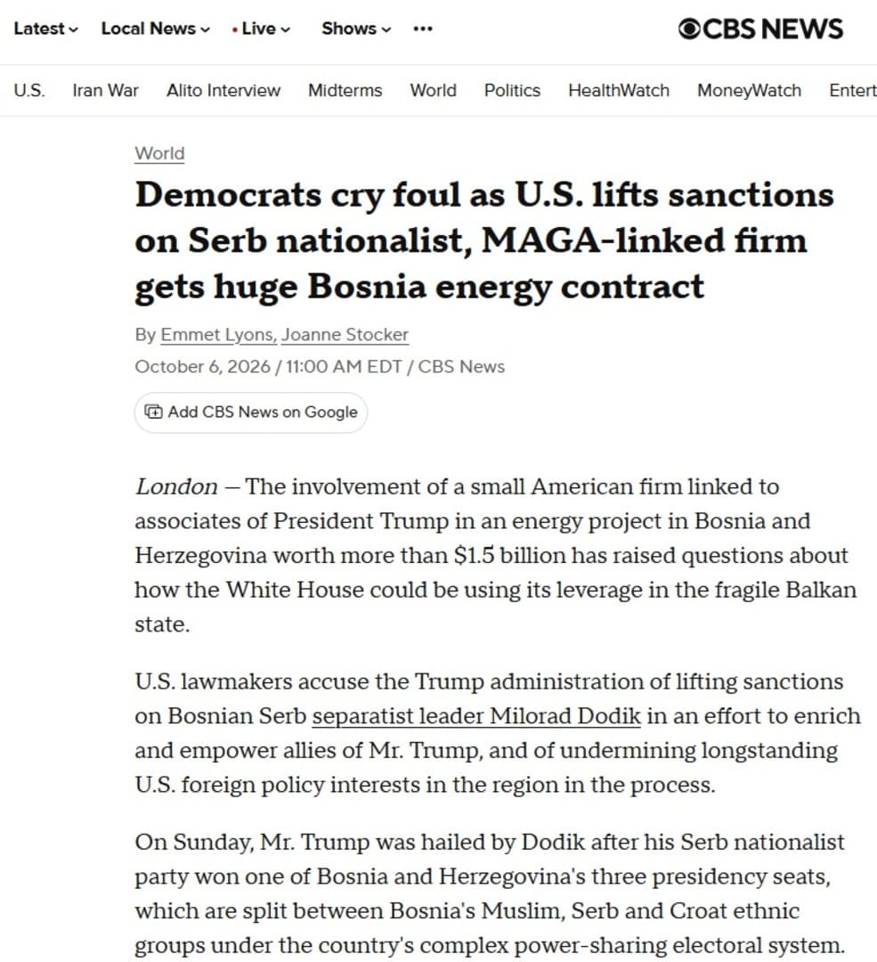 CBS News: Demokrati optužuju Trumpovu administraciju za pogodovanje Dodiku i kompaniji povezanoj s MAGA krugovima - slika 1