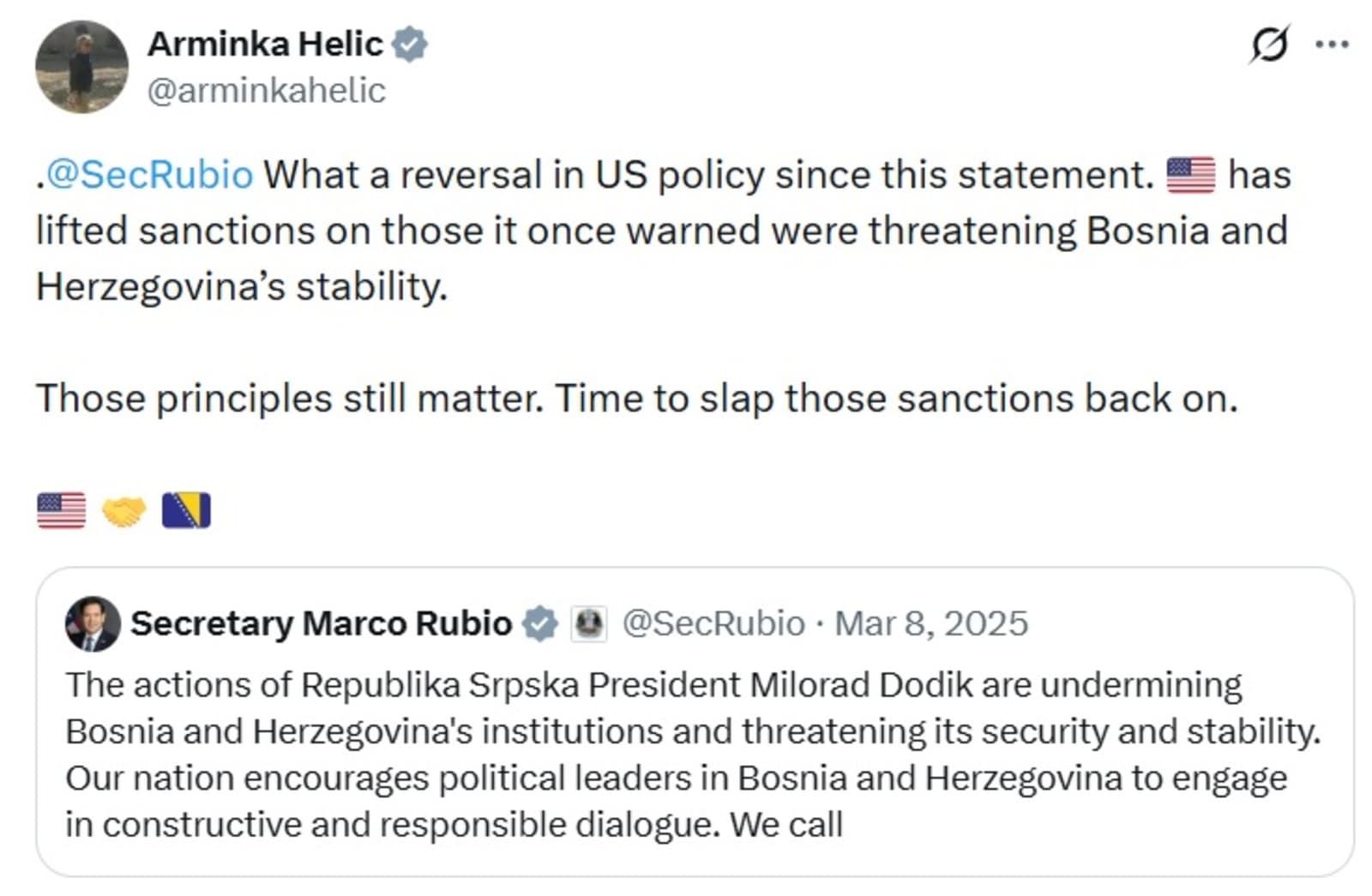 Helić prozvala Rubija: Vrijeme je za vraćanje sankcija Dodiku! - slika 1