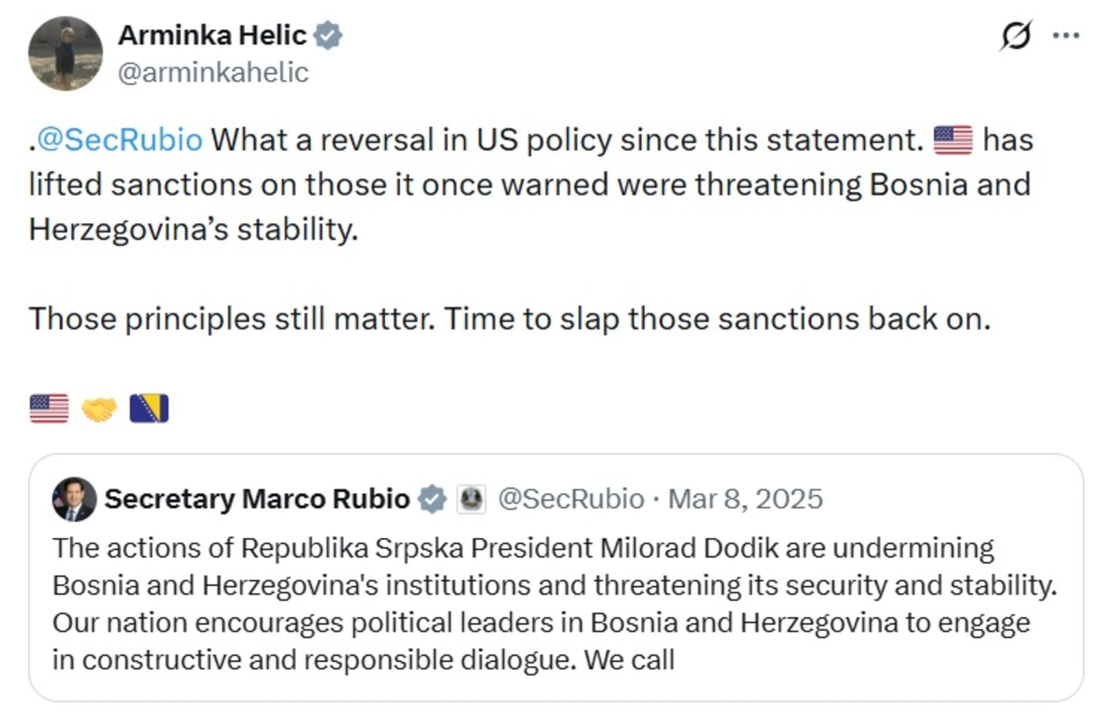 Helić prozvala Rubija: Vrijeme je za vraćanje sankcija Dodiku!