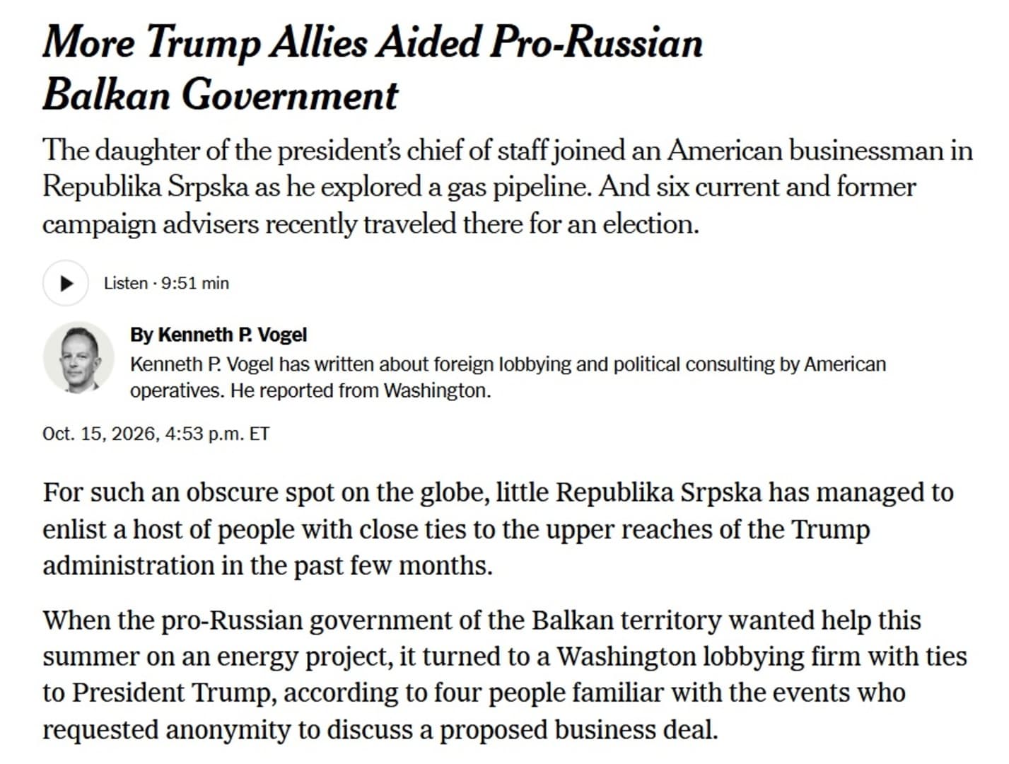New York Times: Kćerka Susie Wiles u Rs istraživala posao s plinovodom, šest Trumpovih saradnika pomagalo vlastima na izborima - slika 1