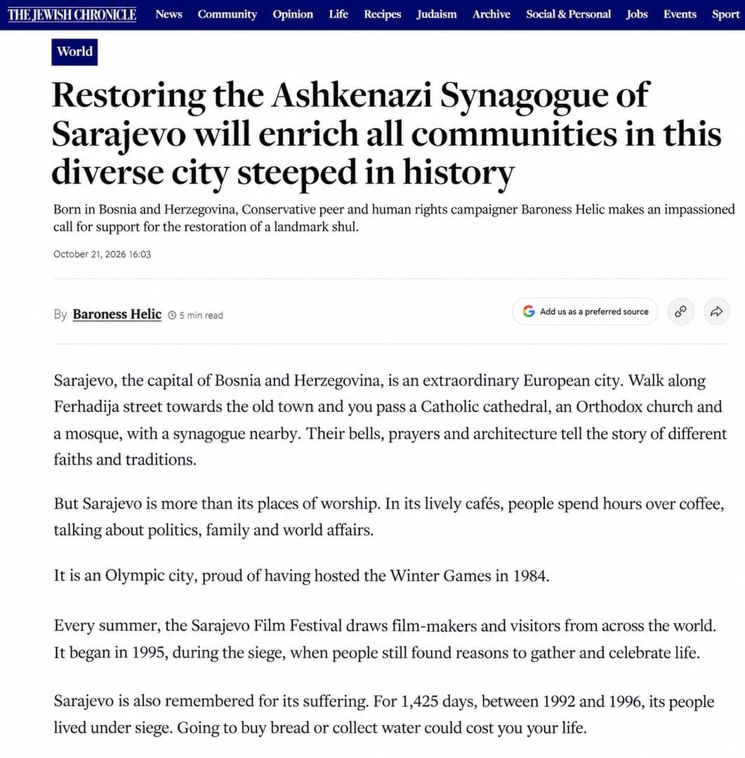 Baronessa Arminka Helić pozvala na spas sarajevske sinagoge: Ne smijemo dopustiti da mala jevrejska zajednica sama čuva naslijeđe svih nas - slika 1