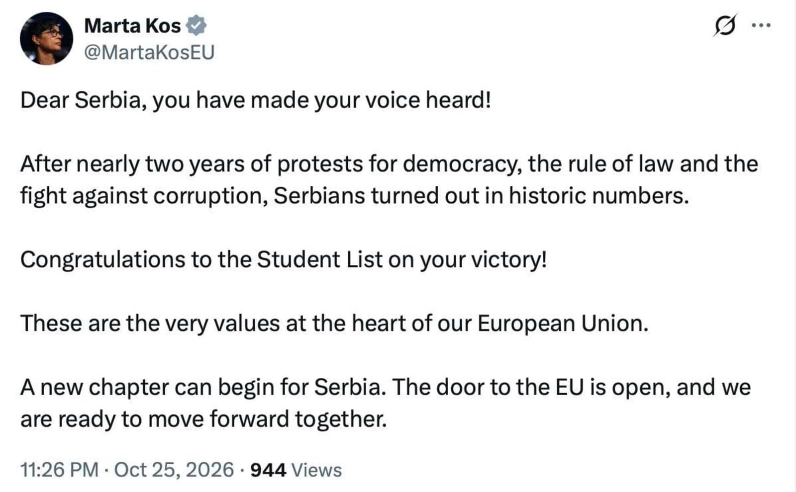Marta Kos čestitala Studentskoj listi: Za Srbiju može početi novo poglavlje - slika 1