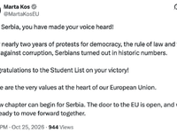 Marta Kos čestitala Studentskoj listi: Za Srbiju može početi novo poglavlje
