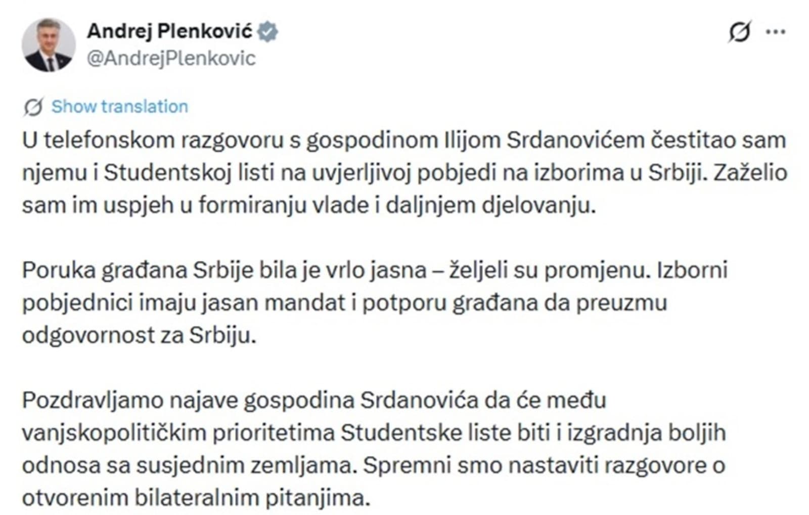 Plenković čestitao Srdanoviću i Studentskoj listi: Očekujem bolje odnose Hrvatske i Srbije - slika 1