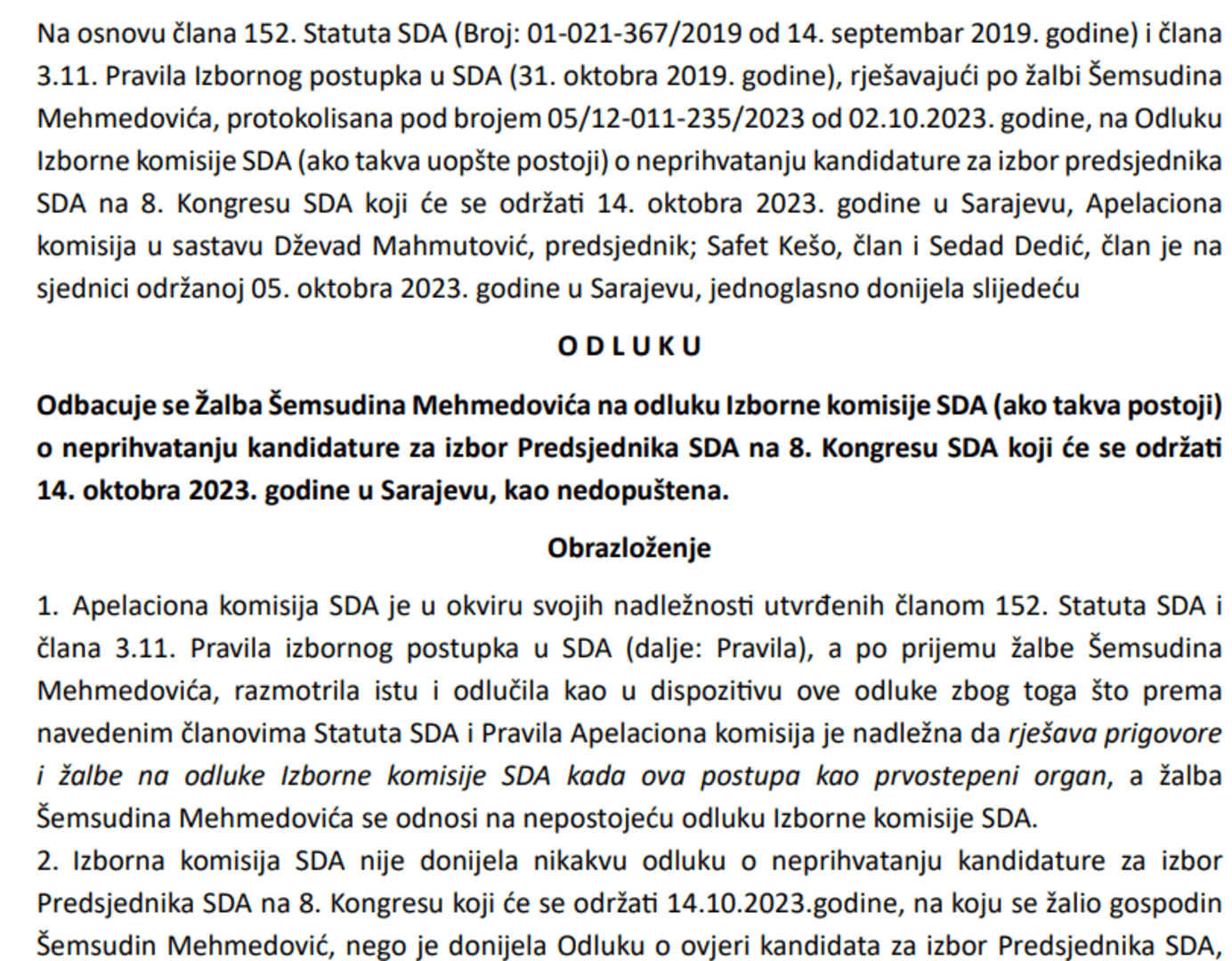 SDA: Odbačena žalba Mehmedovića. Pogrešno tumači Statut - slika 1