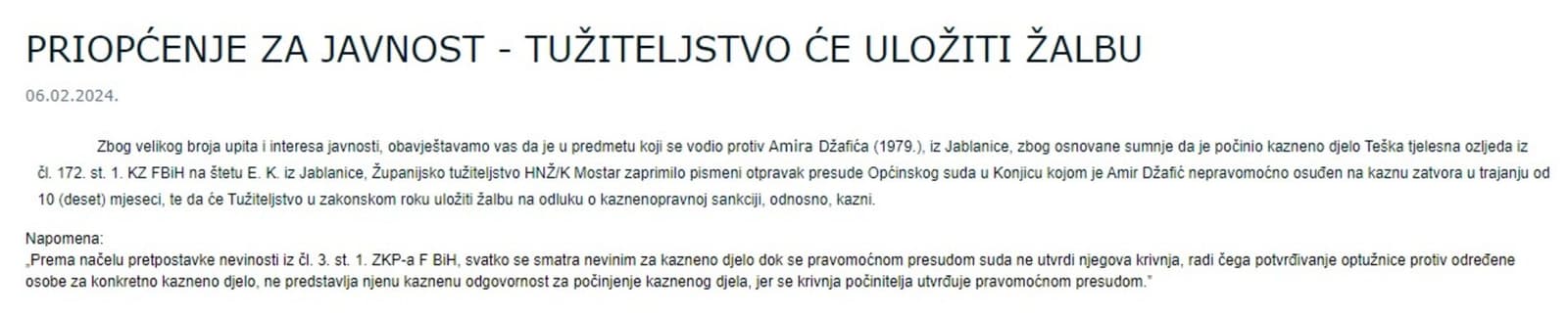 Tužilaštvo HNK najavilo žalbu na presudu batinašu iz Jablanice - slika 1